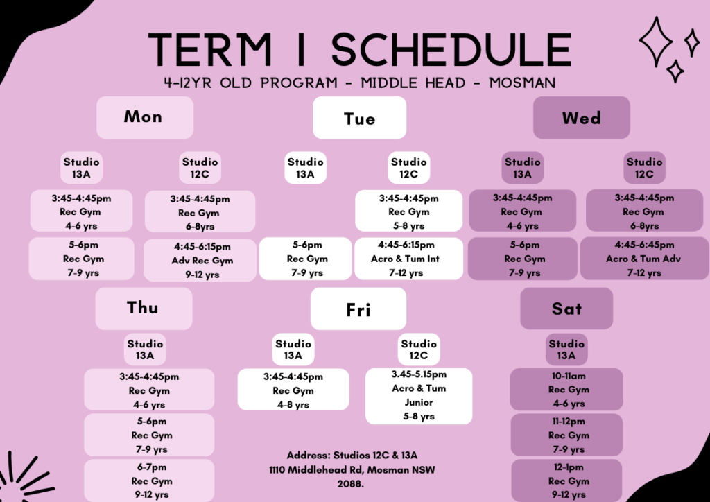 Onyx Gymnastics, Sydney Gymnastics (Ages 4-14) programs timetable.